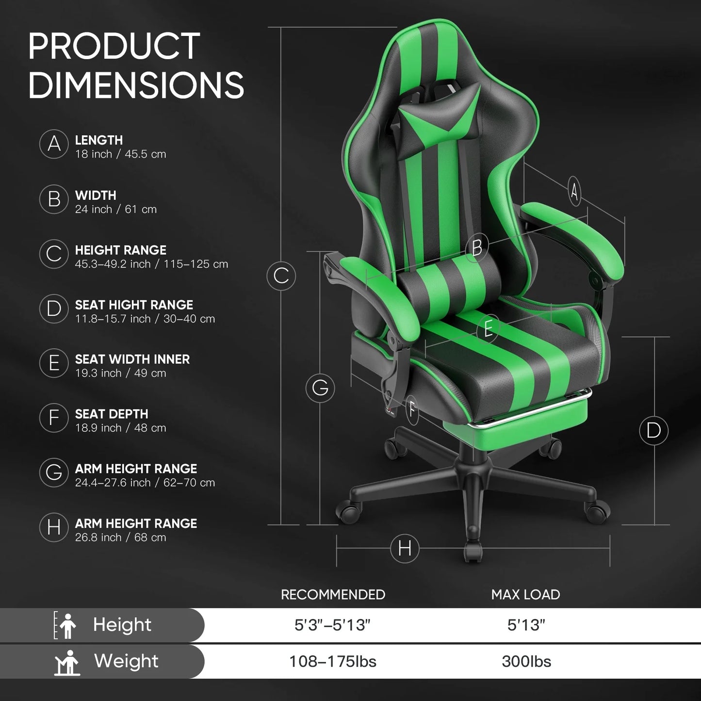 Massage Gaming Chair Office Chair, Ergonomic Game Chair Hight Back with Lumbar Pillow and Footrest, Gamer Chairs for Adults Kids, Green