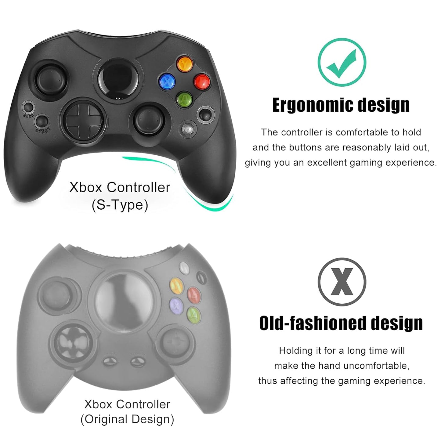 Controller Replacement for Xbox Controller S-Type/Original Xbox Controller,Classic Controller Compatible with Original Xbox Console (Black and Black)