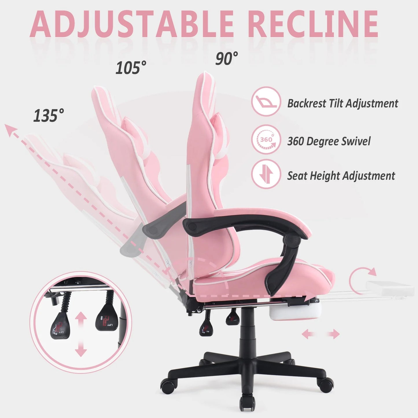 Gaming Chair Office Chair with Footrest, Ergonomic Massage Chair with Lumbar Pillow, Headrest for Adults Kid Teens, Pink