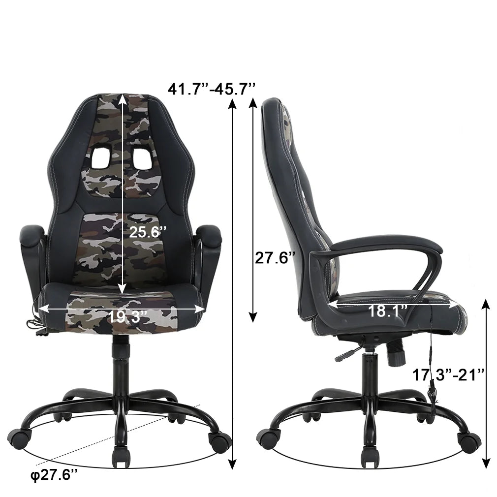 Ergonomic Gaming Chair Massage Computer Desk Chair PU Leather Office Chair Rolling Swivel Racing Chair with 360° Rolling Wheels & Lumbar Support for Teens, Camo