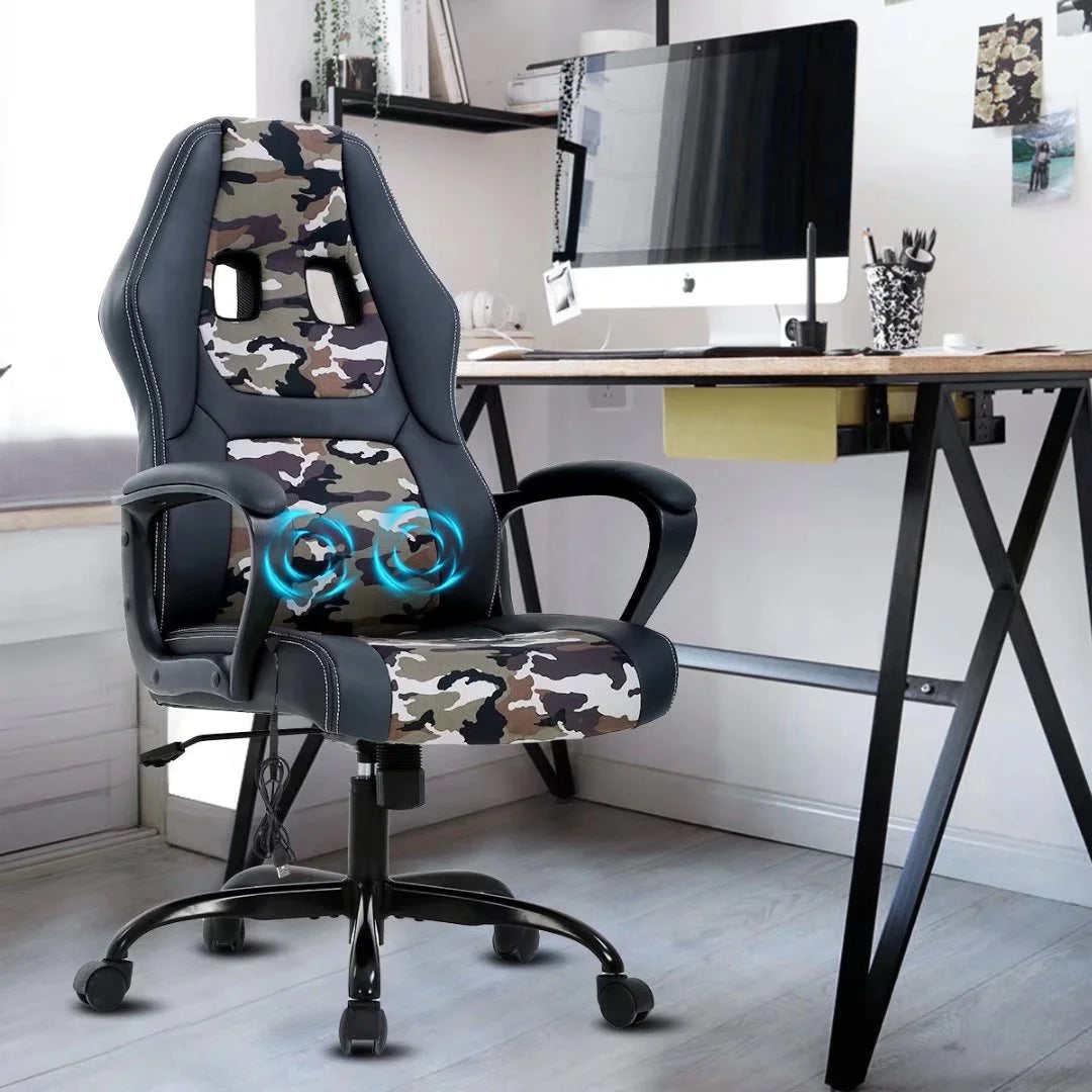 Ergonomic Gaming Chair Massage Computer Desk Chair PU Leather Office Chair Rolling Swivel Racing Chair with 360° Rolling Wheels & Lumbar Support for Teens, Camo