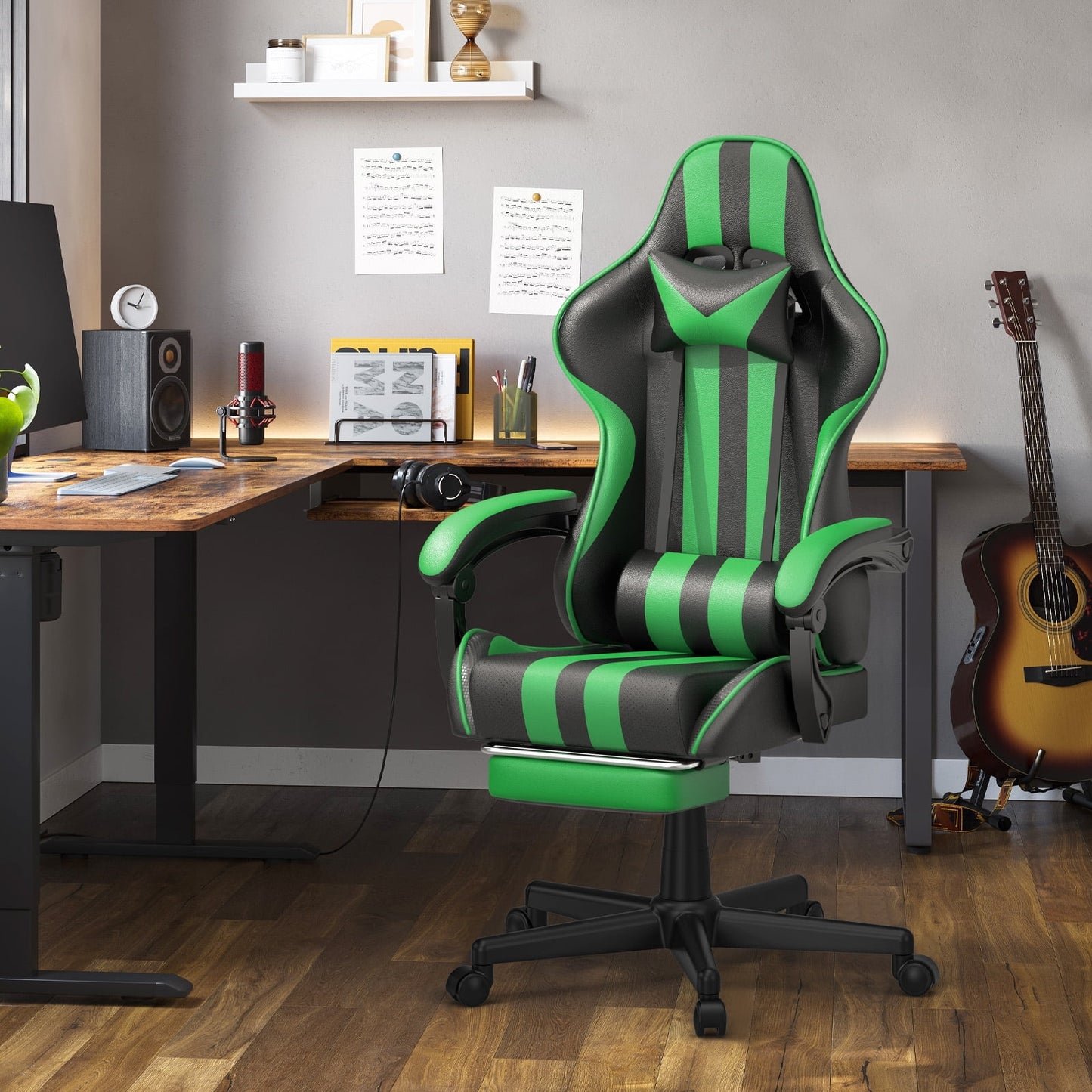 Massage Gaming Chair Office Chair, Ergonomic Game Chair Hight Back with Lumbar Pillow and Footrest, Gamer Chairs for Adults Kids, Green