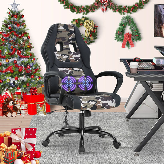 Ergonomic Gaming Chair Massage Computer Desk Chair PU Leather Office Chair Rolling Swivel Racing Chair with 360° Rolling Wheels & Lumbar Support for Teens, Camo