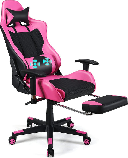 Gaming Chair - Pink Ergonomic Gaming Chair with Footrest for Women Racing Esports Computer Chair High-Back Massage Leather Recliner Rolling Swivel Chair (Pink)