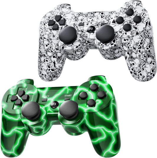 PS3 Controller 2 Pack Wireless Motion Sense Dual Vibration Upgraded Gaming Controller for Sony Play Station 3 with Charging Cord (2 Pack, White+Green)