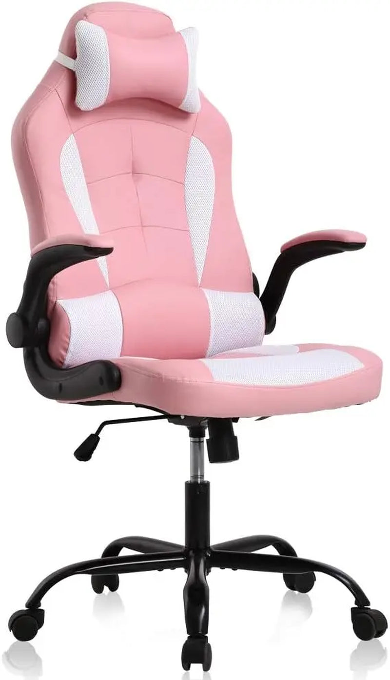 Pink Office Chair, Ergonomic High Back Computer Chair, Rotating Office Chair with Lumbar Support and Foldable Armrests