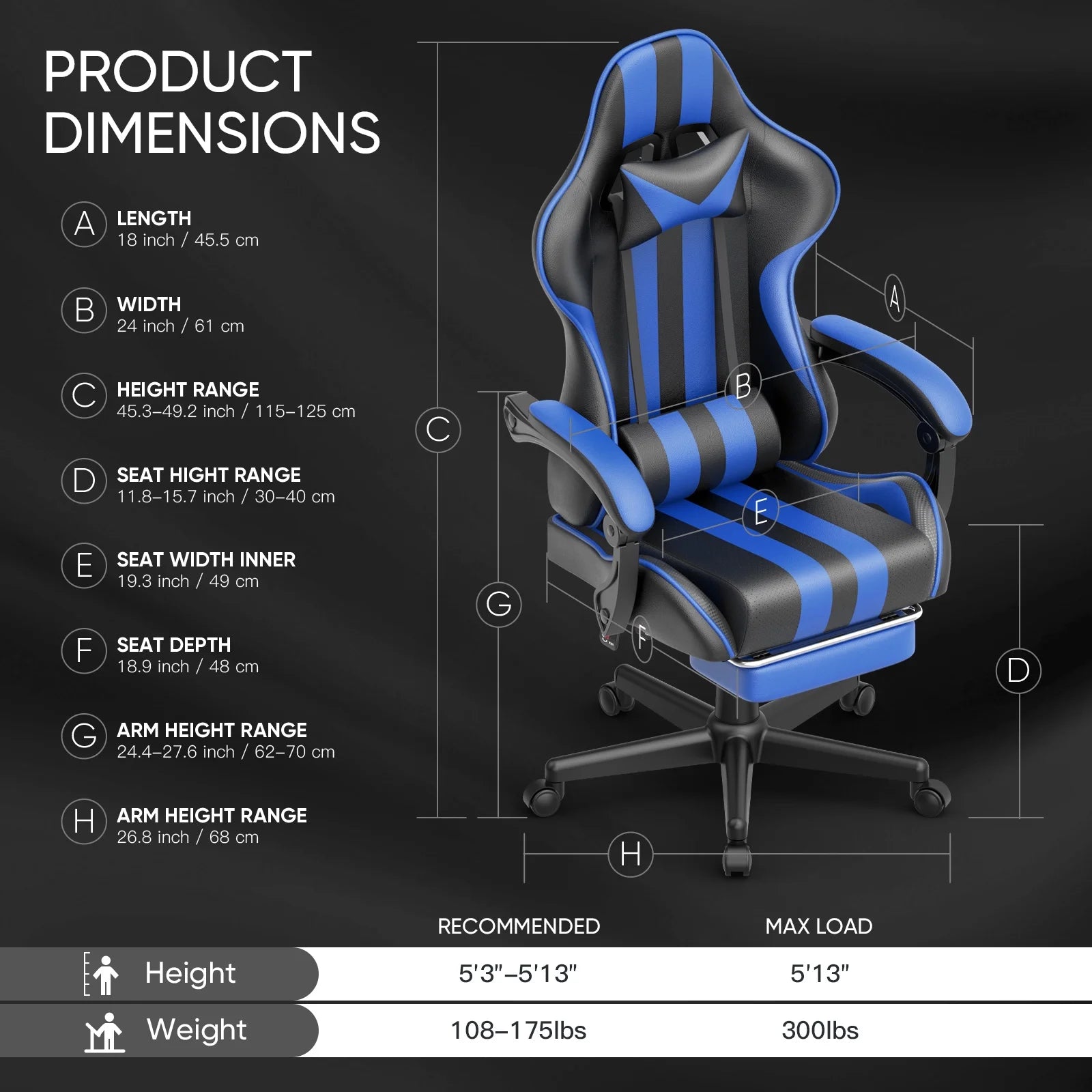 Gaming Chair Office Chair, Ergonomic Game Chair Hight Back with Massage Lumbar Pillow and Footrest, Computer Chairs for Adults Kids, Blue