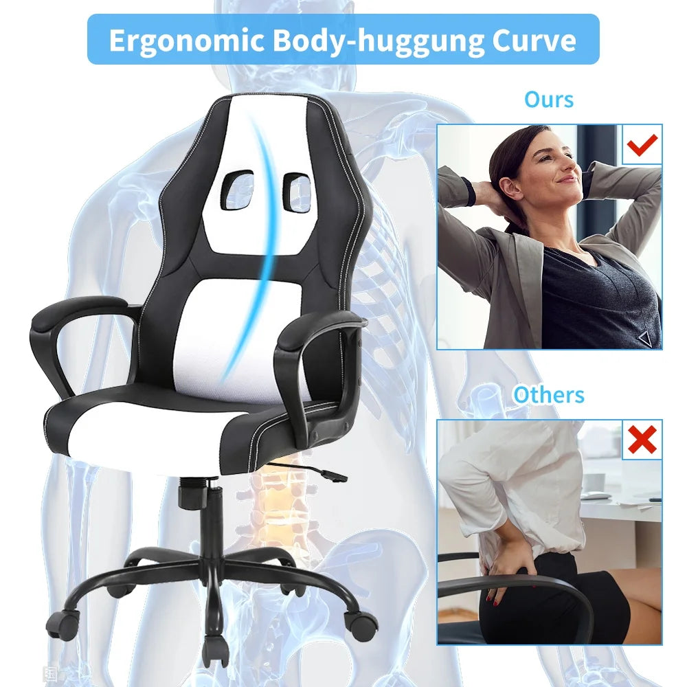 Gaming Chair Adjustable Game Chair PU Leather Computer Chair High Back Office Desk Chair with 360 Rolling Wheels & Lumbar Support for Teen, White