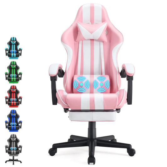 Gaming Chair Office Chair with Footrest, Ergonomic Massage Chair with Lumbar Pillow, Headrest for Adults Kid Teens, Pink