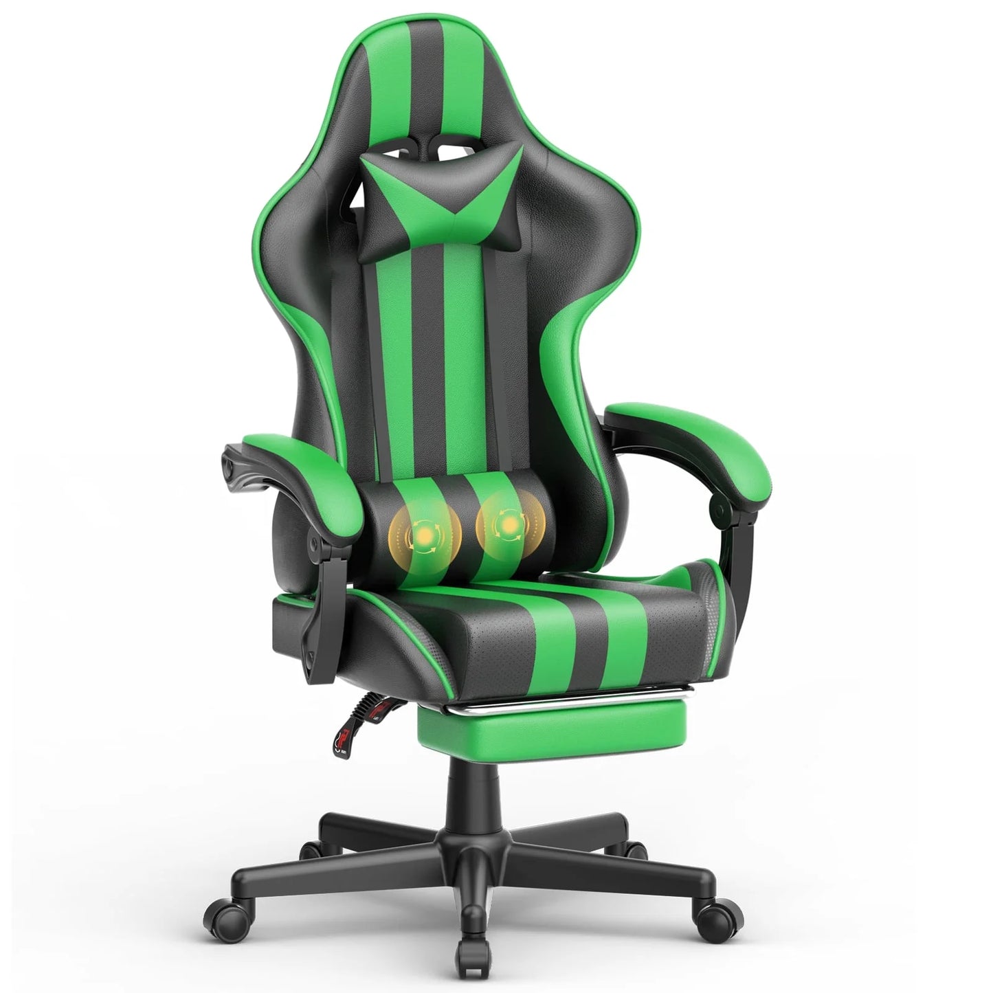 Massage Gaming Chair Office Chair, Ergonomic Game Chair Hight Back with Lumbar Pillow and Footrest, Gamer Chairs for Adults Kids, Green