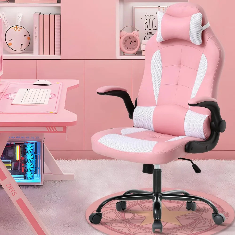 Pink Office Chair, Ergonomic High Back Computer Chair, Rotating Office Chair with Lumbar Support and Foldable Armrests