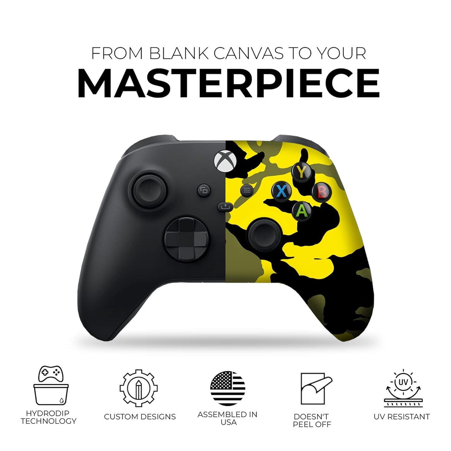 Yellow Camo Custom X-Box Controller Wireless Compatible with X-Box One/X-Box Series X/S Proudly Customized in USA with Permanent HYDRO-DIP Printing (NOT JUST a SKIN)