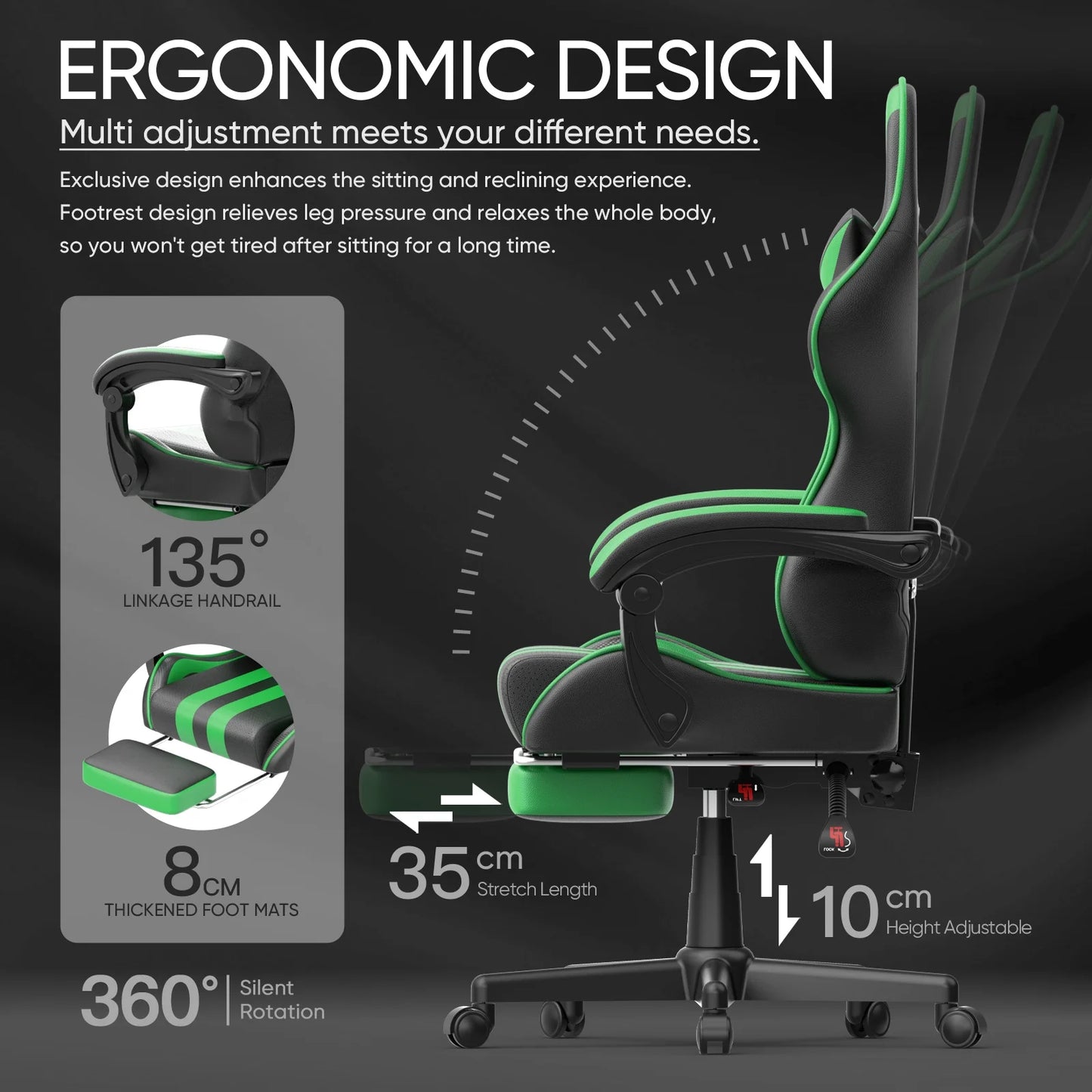 Massage Gaming Chair Office Chair, Ergonomic Game Chair Hight Back with Lumbar Pillow and Footrest, Gamer Chairs for Adults Kids, Green