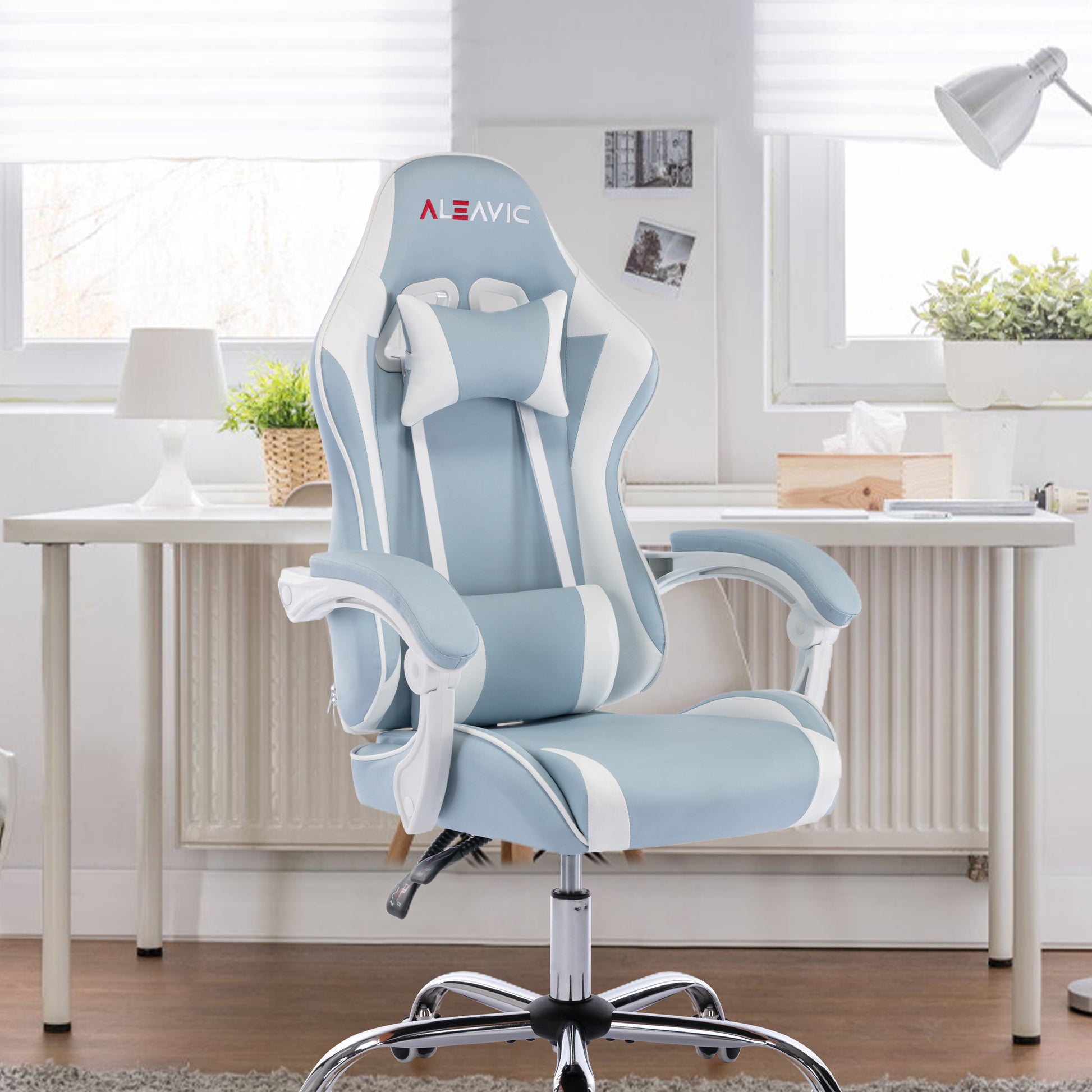 Gaming Chair PU Leather PC Chair with Headrest and Lumbar Support, Sky Blue