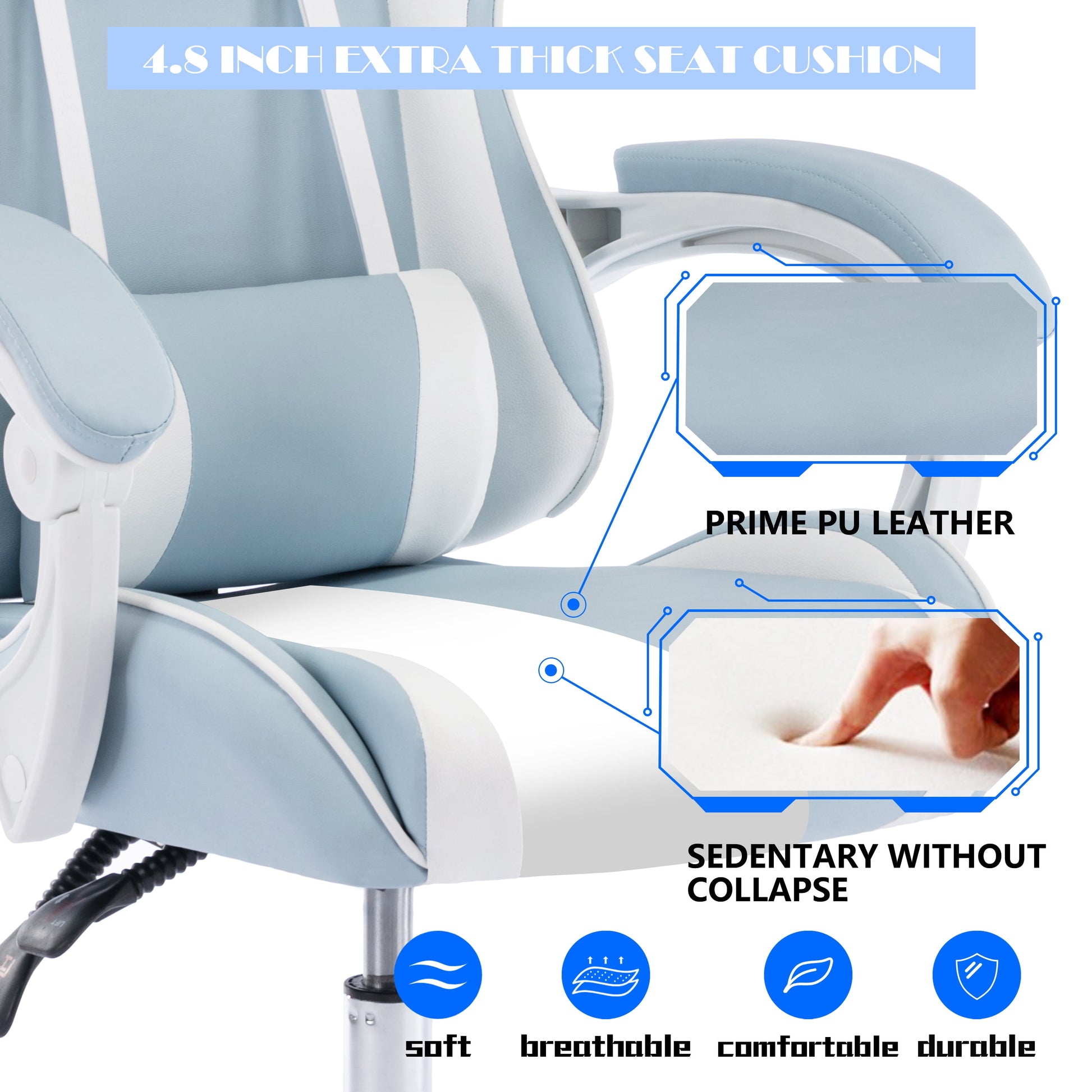 Gaming Chair PU Leather PC Chair with Headrest and Lumbar Support, Sky Blue