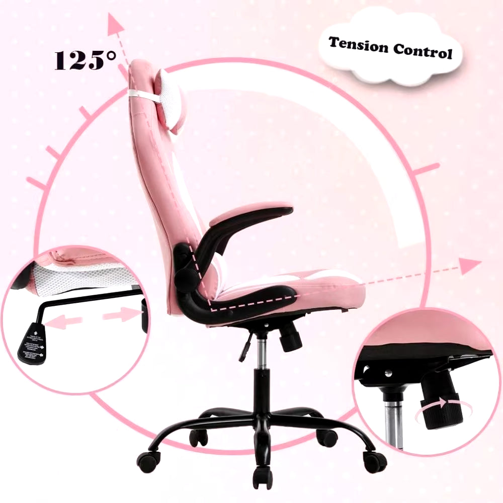 Pink Office Chair, Ergonomic High Back Computer Chair, Rotating Office Chair with Lumbar Support and Foldable Armrests