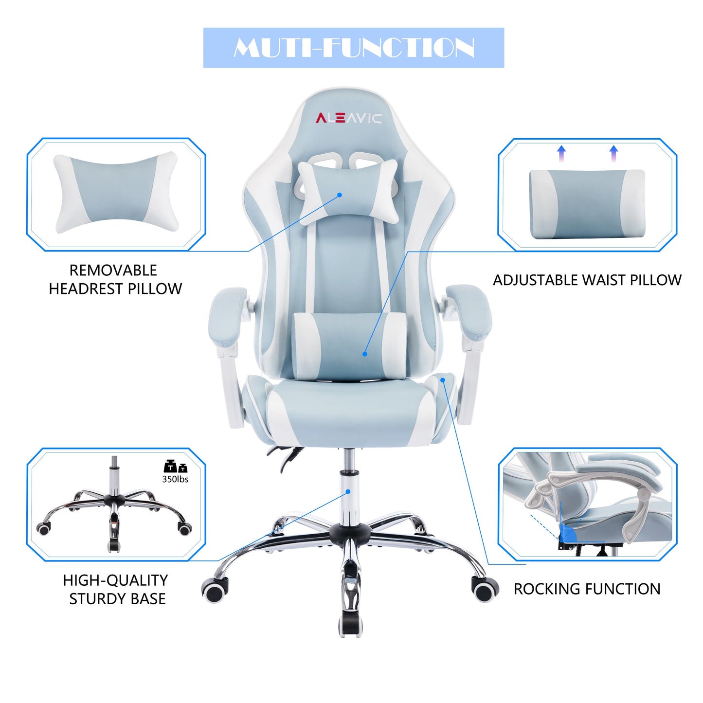 Gaming Chair PU Leather PC Chair with Headrest and Lumbar Support, Sky Blue