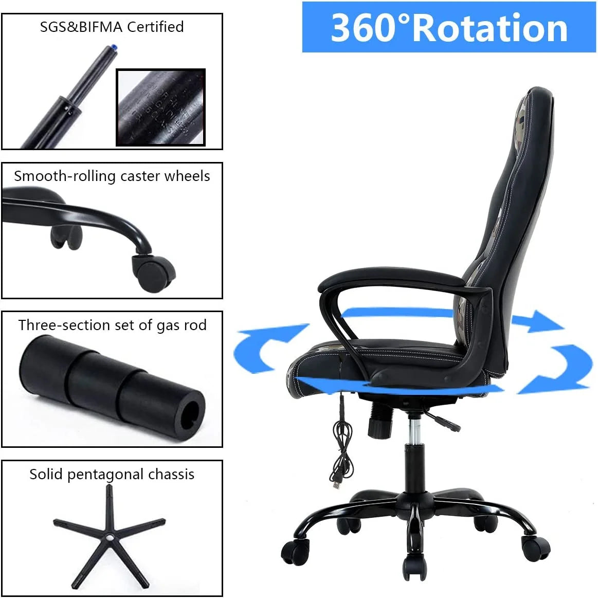 Ergonomic Gaming Chair Massage Computer Desk Chair PU Leather Office Chair Rolling Swivel Racing Chair with 360° Rolling Wheels & Lumbar Support for Teens, Camo