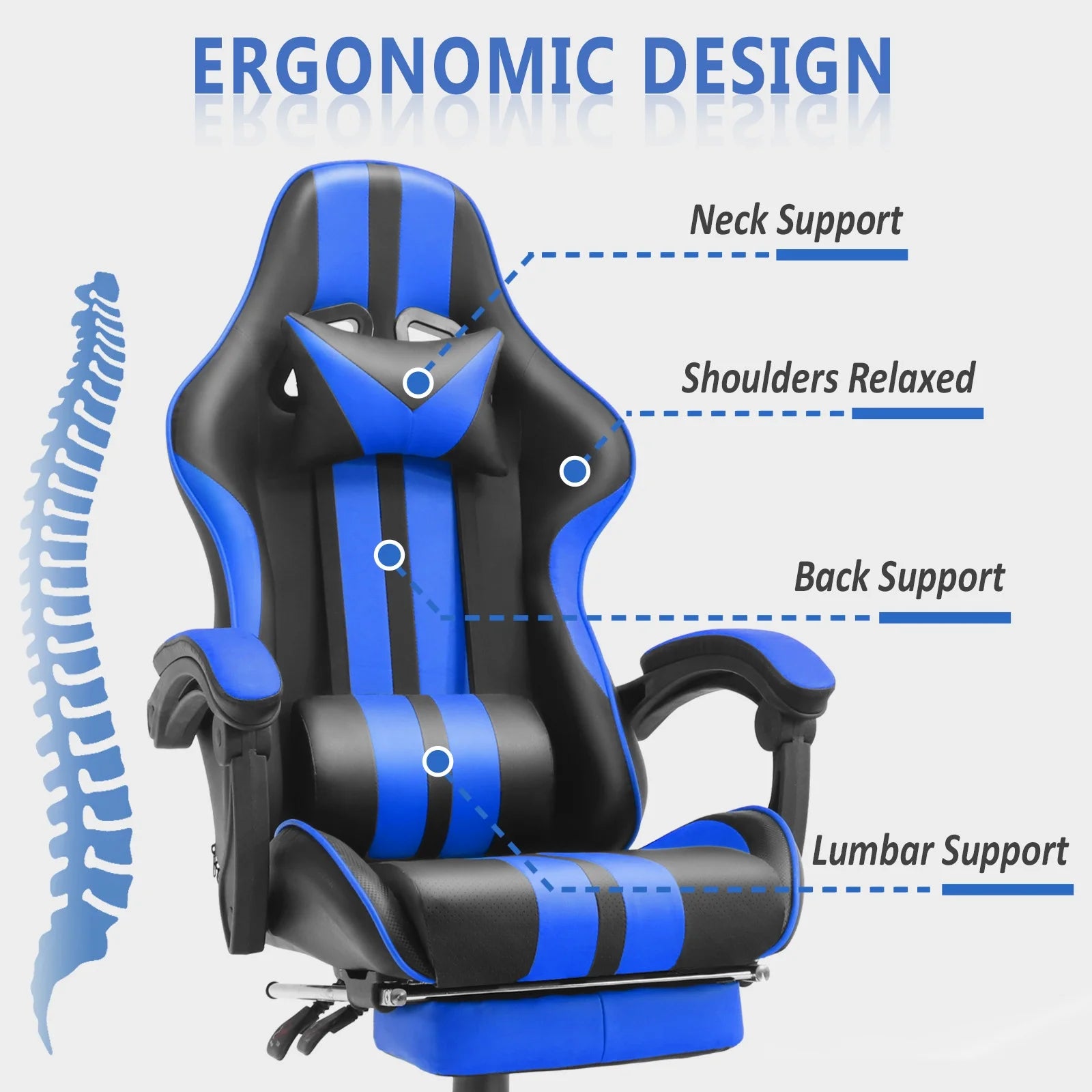 Blue Gaming Chair with Footrest, High Back Office Chair with Massage Lumbar Pillow, Game Gamer Chairs for Adults Kids, Navy Blue