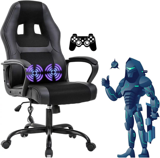 Gaming Chair Massage Computer Chair Ergonomic Video Game Chairs, Adjustable Office Desk Chair with Lumbar Support & Armrest for Teens & Children, Black