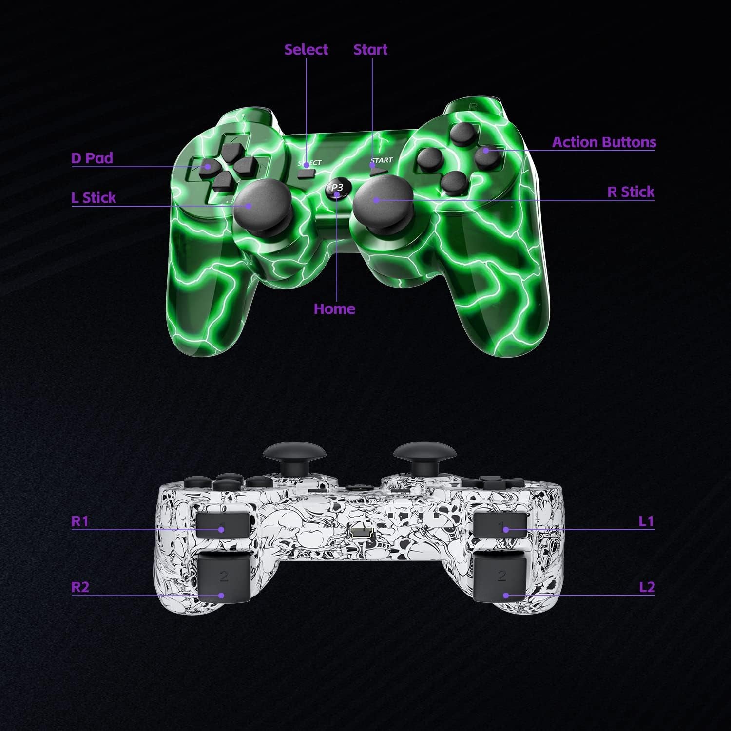 PS3 Controller 2 Pack Wireless Motion Sense Dual Vibration Upgraded Gaming Controller for Sony Play Station 3 with Charging Cord (2 Pack, White+Green)