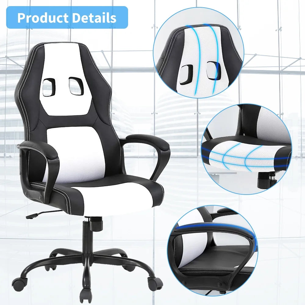 Gaming Chair Adjustable Game Chair PU Leather Computer Chair High Back Office Desk Chair with 360 Rolling Wheels & Lumbar Support for Teen, White