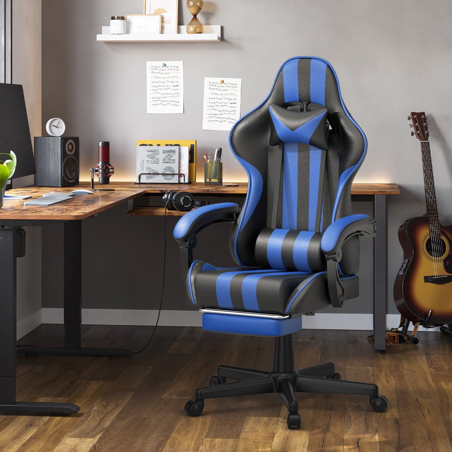 Gaming Chair Office Chair, Ergonomic Game Chair Hight Back with Massage Lumbar Pillow and Footrest, Computer Chairs for Adults Kids, Blue