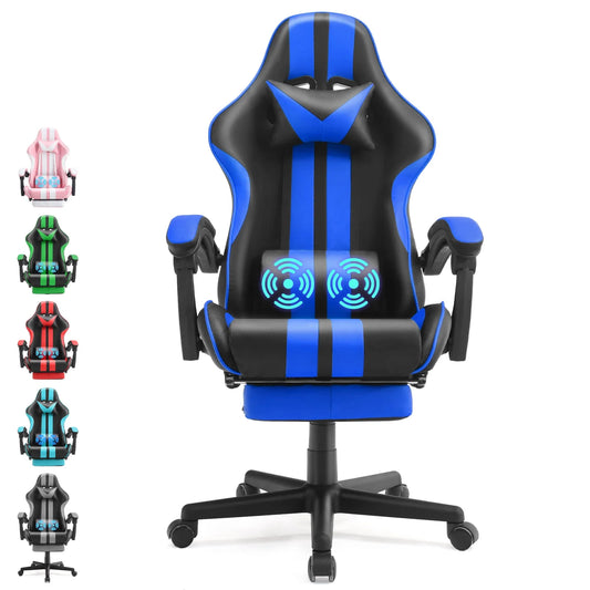 Blue Gaming Chair with Footrest, High Back Office Chair with Massage Lumbar Pillow, Game Gamer Chairs for Adults Kids, Navy Blue