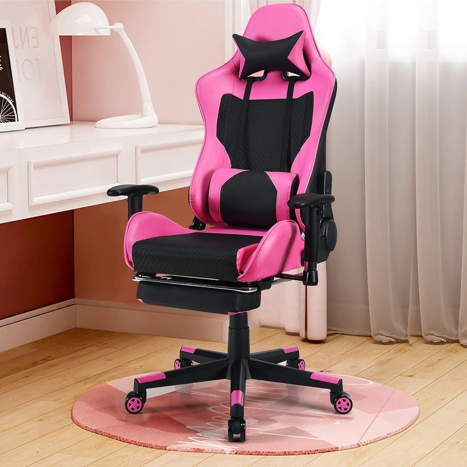 Gaming Chair - Pink Ergonomic Gaming Chair with Footrest for Women Racing Esports Computer Chair High-Back Massage Leather Recliner Rolling Swivel Chair (Pink)