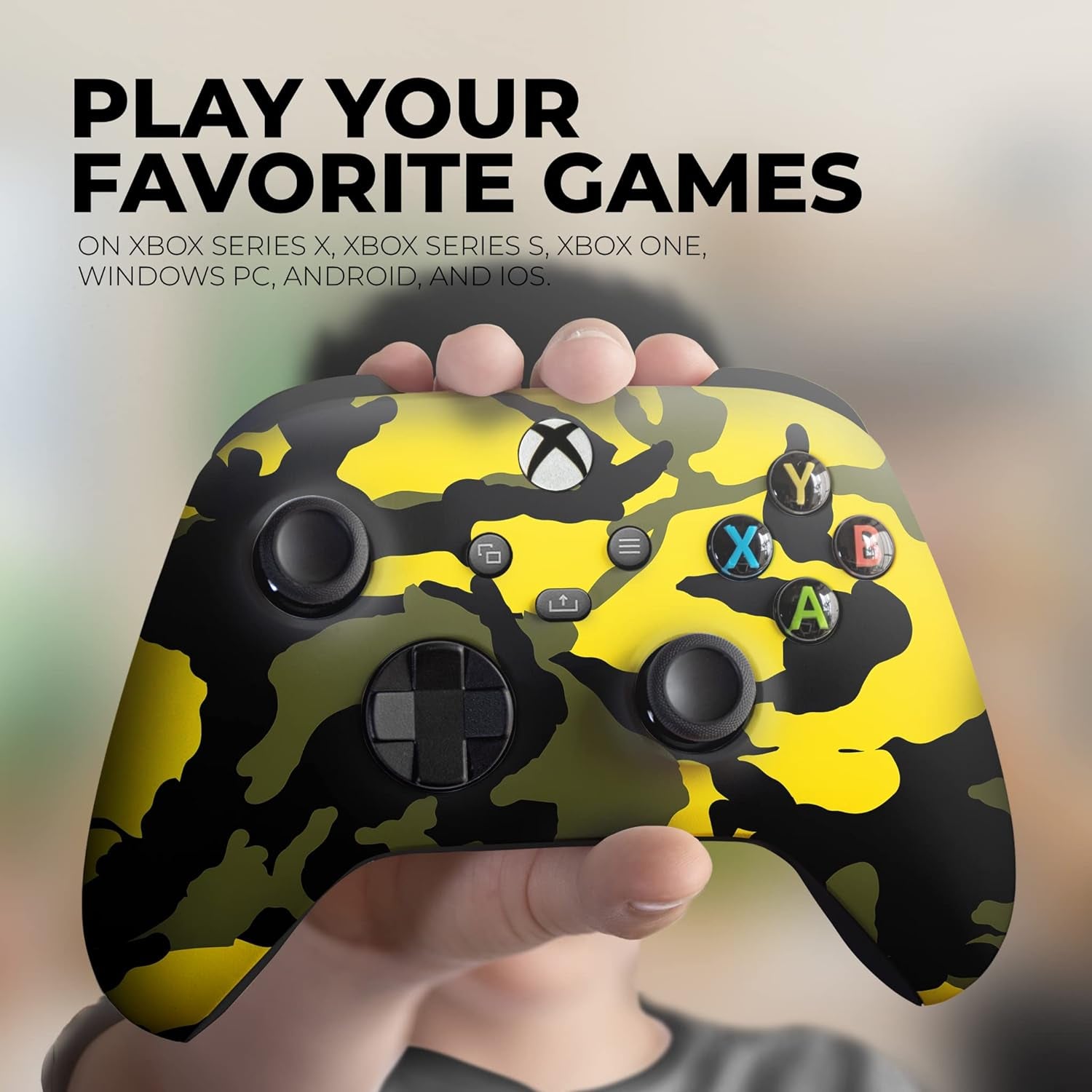 Yellow Camo Custom X-Box Controller Wireless Compatible with X-Box One/X-Box Series X/S Proudly Customized in USA with Permanent HYDRO-DIP Printing (NOT JUST a SKIN)